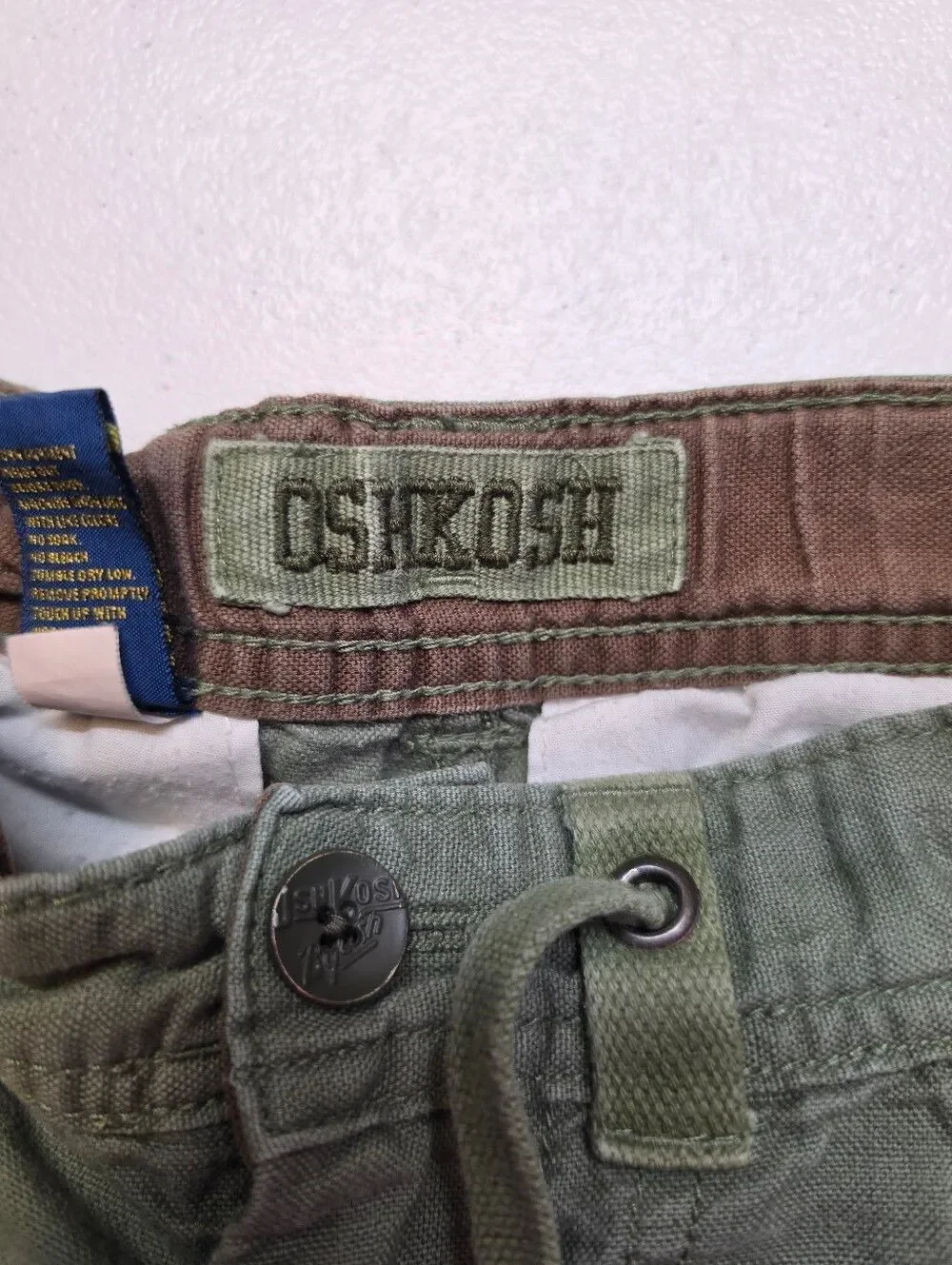 Y2K Linen Cotton Boys Olive Green Cargo Pants Drawstring Waist Roll Tab Ankle